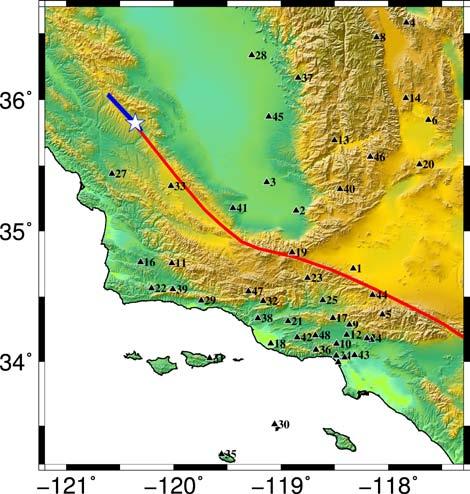 Figure 3.1. Location of all stations used in validation of the Parkfield earthquake.