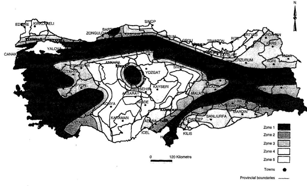 Seismic zoning Seismic zoning map of Turkey from the 1996 earthquake code.