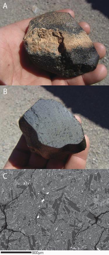 fig. S1. Images of the outer and inner portions of NWA 7635. Hand sample images of the cut NWA 7635 stone (fig.