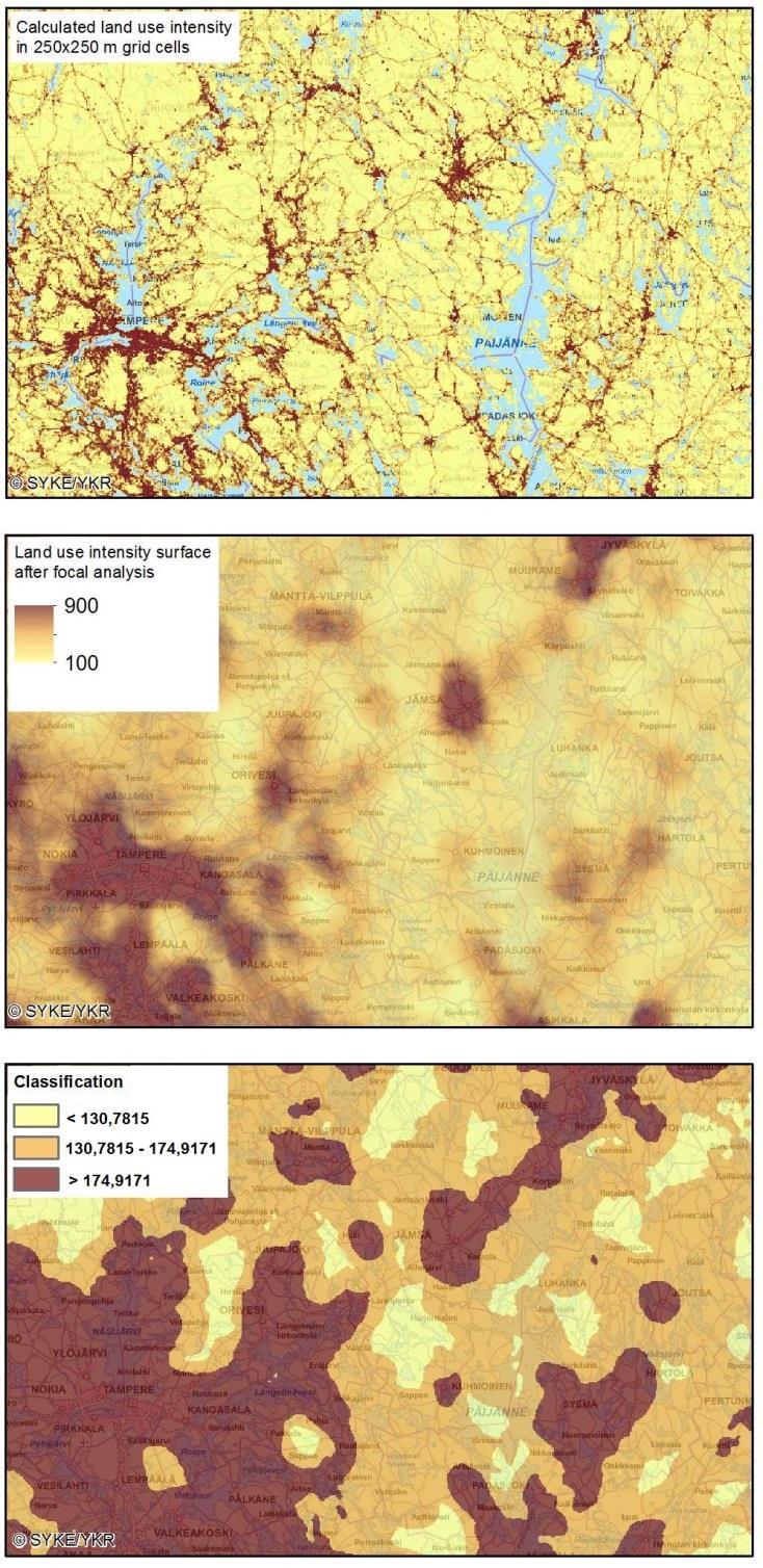 Example variable 2: Land use intensity First Corine 2006 Land Cover data (Finnish version of 25 m raster) is aggregated into 250 m grids and then each land use class is weighted according to how