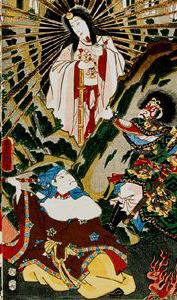 Izanagi s Return The Birth of Amaterasu Deeply grieved by Izanami s death, Izanagi cried as he washed himself. Izanagi told Izanami that life was greater than death.