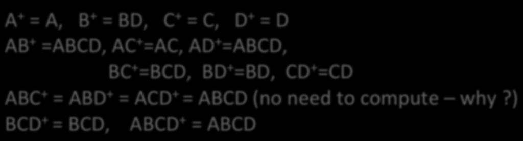 ) BCD + = BCD, ABCD + = ABCD Step 2: Enumerate all FD s X à Y, s.