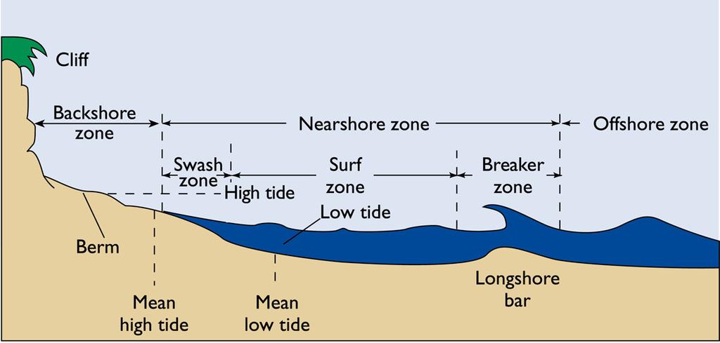 The Coastal Zone Beach: between the erosional area above water line and the depositional area below water line Beach Currents Longshore Currents: Currents running parallel to the