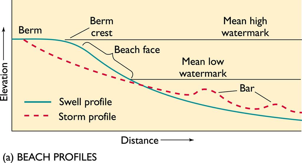 Beach Profiles Beach Profiles Typically, finer grained beaches have shallower slopes Coarse