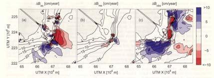 Initial erosion (red) and deposition (blue) a)