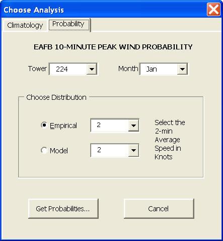 Figure 7. EAFB peak wind GUI input form used to retrieve probability data for a given month, tower, and 2-minute average speed.