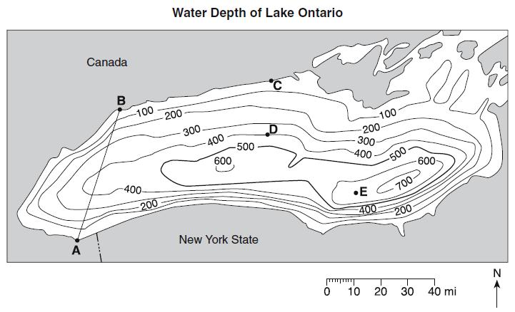 Base your answers to questions 34 through 37 on the field map below and on your knowledge of Earth science. The map shows the depth of Lake Ontario. Isoline values indicate water depth, in feet.