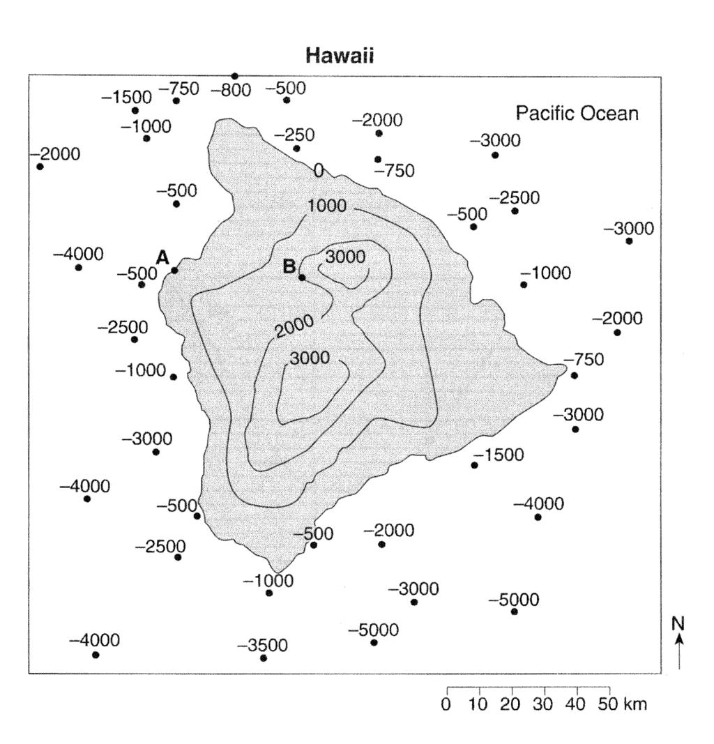 Base your answers to questions 38 through 40 on the topographic map of Hawaii below and on your knowledge of Earth