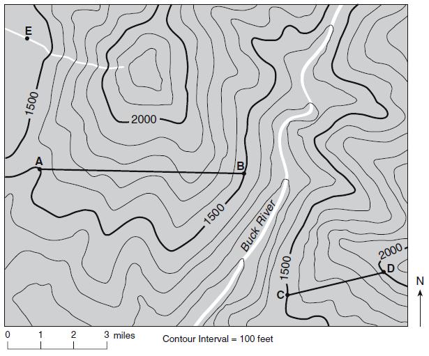 Base your answers to questions 5 through 9 on the topographic map below and on your knowledge of Earth science. Lines AB and CD are reference lines on the map.