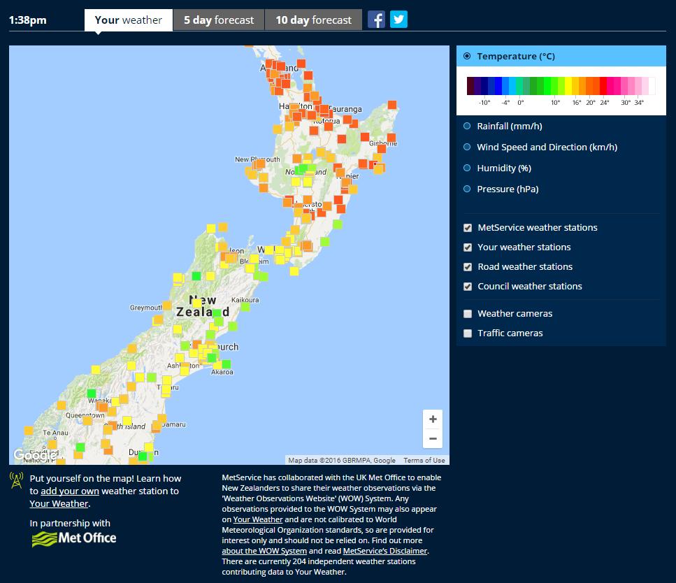 Third-party sources MetService currently crowd-sources weather data from around New Zealand via a network of privately owned weather stations, and offers it on their website using the Your Weather