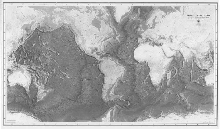 improving in oceans, but not precise (pixel size >100s m) First good global bathymetry map: 1977 Heezen & Tharp Mid-ocean ridge system circles globe: Ewing & Heezen, 1956.