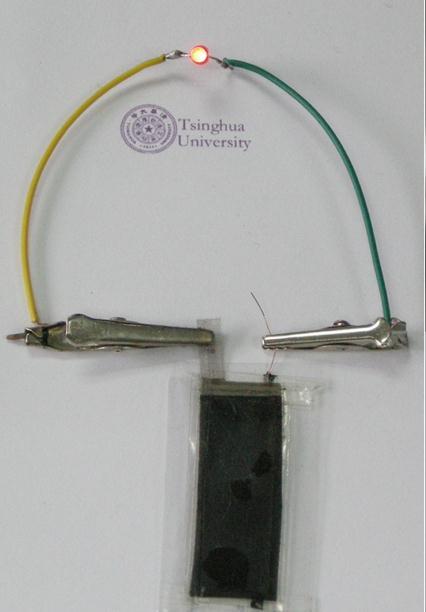 Fig. S12 A photograph showing that the asymmetric supercapacitor can lighten up a red LED indicator (1.