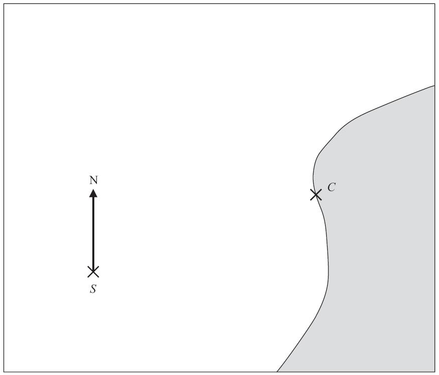 *13. Here is a map. The position of a ship, S, is marked on the map. Scale 1 cm represents 100 m Point C is on the coast.