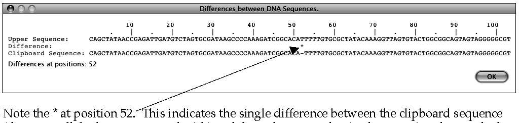 D10) From the Compare menu, choose Compare Upper vs Clipboard (or Lower, whichever is the red one) and you will see a display of the differences between the two DNA sequences like the one shown below