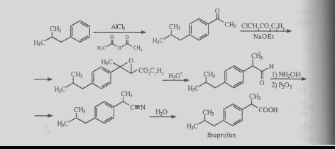 Synthesis of Ibuprofen Used for making pharmaceutical drugs-analgesics (pain killers).