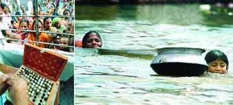 Floods in Bangladesh in 2004 Two young girls push a pot full of relief food as they swim back to their submerged homes at the downtown of Dhaka July 25 while flood victims queue up