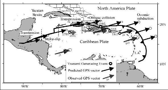 LANDSLIDE TRIGGERS ARE EARTHQUAKES AND RAINFALL. Plate boundary zone of Jamaica, historical tsunami generating earthquakes, and hurricane tracks.