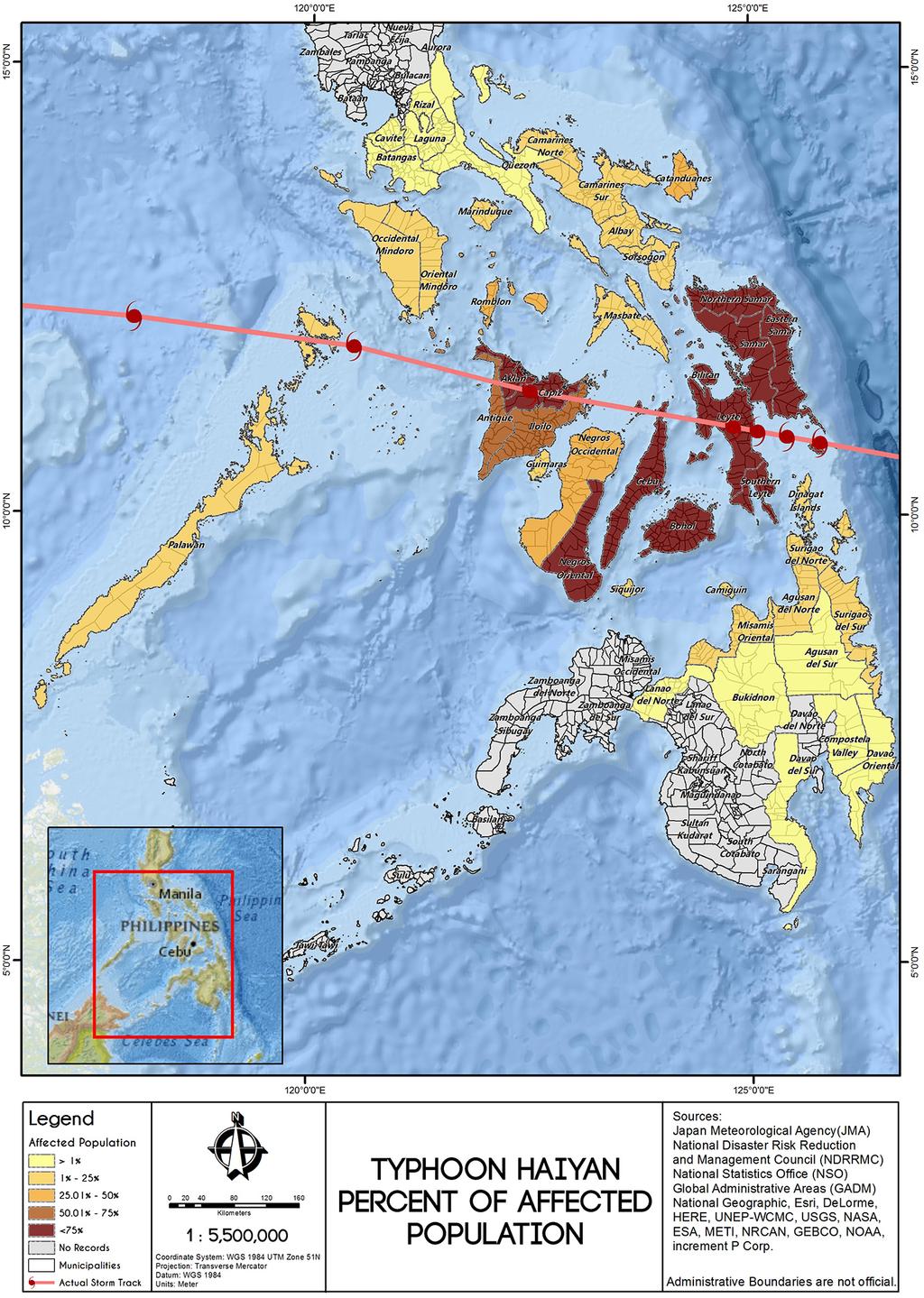559 Figure 1. Typhoon Haiyan: percent of affected population (Project NOAH). The bathymetric data used were 2 min gridded elevation data (ETOPO2).