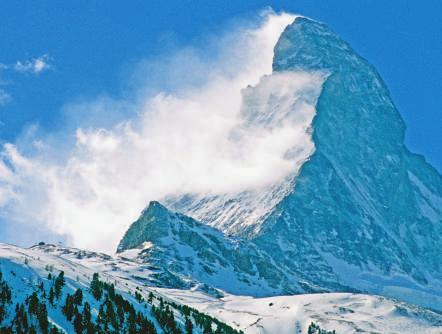 Snow blows off the Matterhorn in Switzerland. An anemometer is one instrument that measures wind speed.