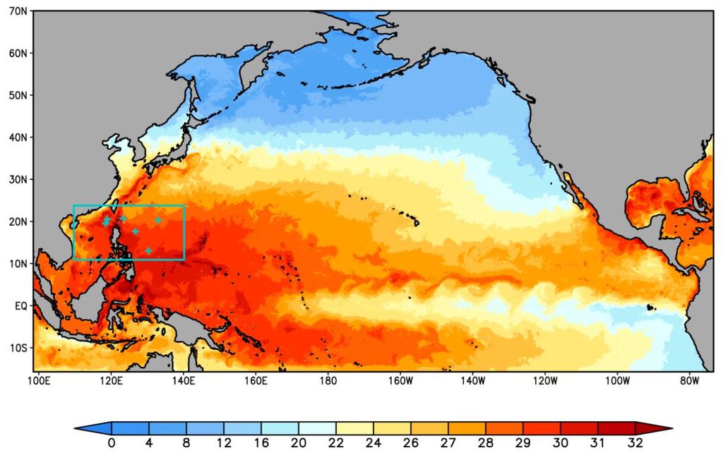 P a g e 12 205 206 207 208 209 210 211 212 213 214 Fig.SM-1 The North Pacific Ocean, POM model domain showing the simulated SST (shading in o C) on Aug 16 th 2008.