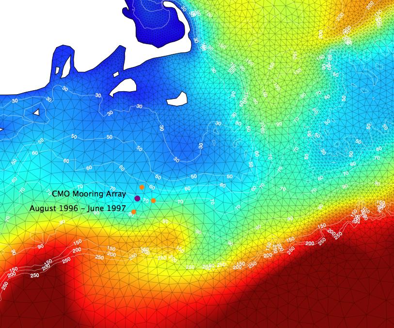 FVCOM Model Validation: Comparison with CMO Observations Time Frame: Aug 1996 to Jun 1997 Location: New England Shelf, SW of Nantucket # Moorings: 4 (Central, Alongshore, Inshore,
