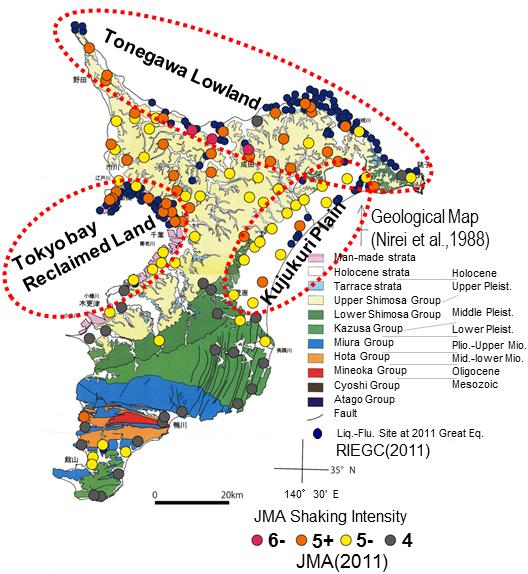 Distribution of liquefaction-fluidization phenomena by the 1987 east off Chiba prefecture earthquake. there are little subsidence and no jetted sand outside the terrible subsided part.
