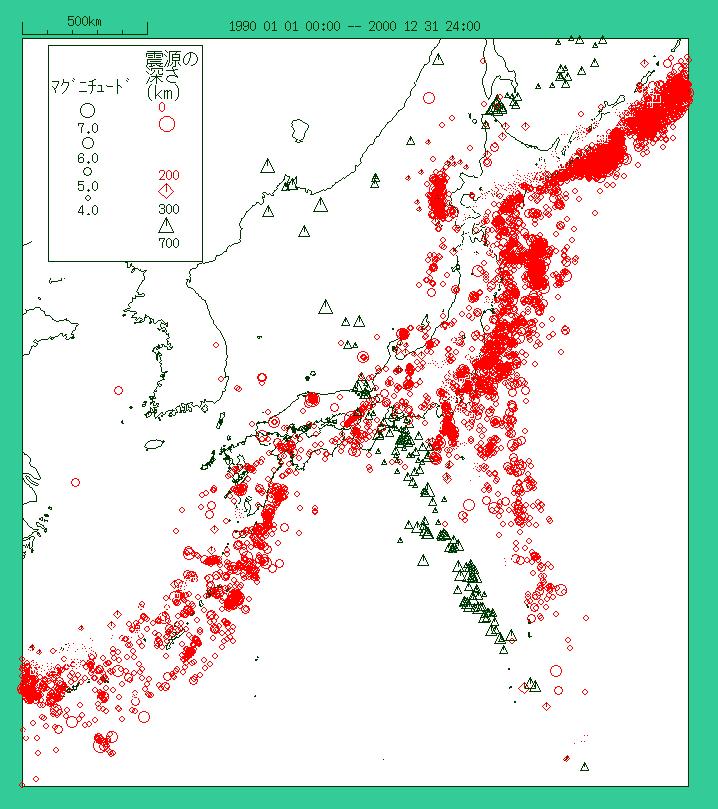 Plate boundaries around Japan 1990/01/01 2000/12/31 (11 years)