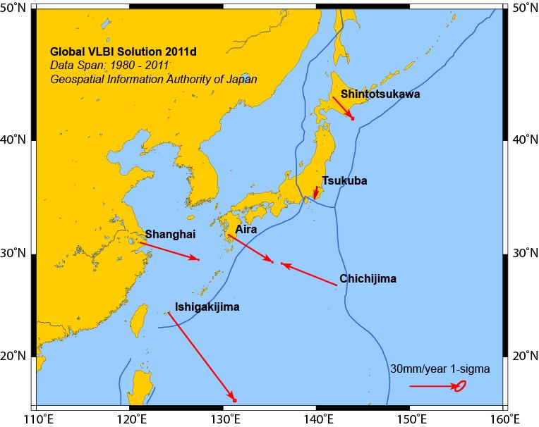 VLBI velocities around Japan before March 11, 2011 North American Plate 17mm/yr Eurasian