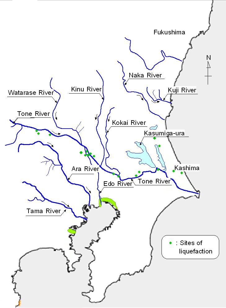 4.2 Liquefaction in Kanto region in the south Extensive liquefaction was induced in reclaimed and alluvial deposits along rivers and bay areas in the plain of Kanto region including Ibaragi, Chiba