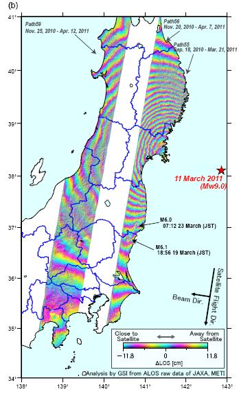 The red star indicates the epicenter of the 2011 off the Pacific coast of Tohoku Earthquake. Blue lines indicate prefectural boundaries. Precise orbit data are used for all the interferograms.