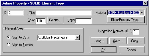 Property and Material Generation Options Select the Solid element type. Figure 3. Element/Property Type Select Material.