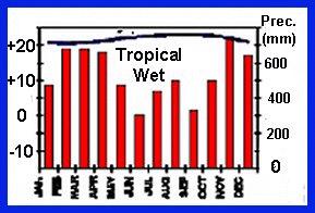The most distinguishing feature of an arid or semi-arid climate graph is _?_. 89. Most arid/desert climates occur between which latitudes? 90.