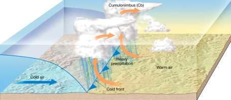 Cold Fronts Cold Front Cold air overrunning Warm Cold Warm Plow shaped (snowplow) steep slope Clouds tend to be