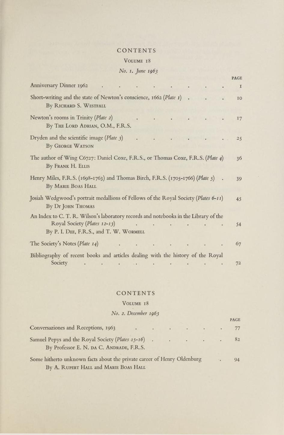 CONTENTS V o l u m e 18 No. 1. June Anniversary Dinner 1962........ 1 Short-writing and the state of Newton s conscience, 1662 (Plate.. 1 0 By R ichard S.