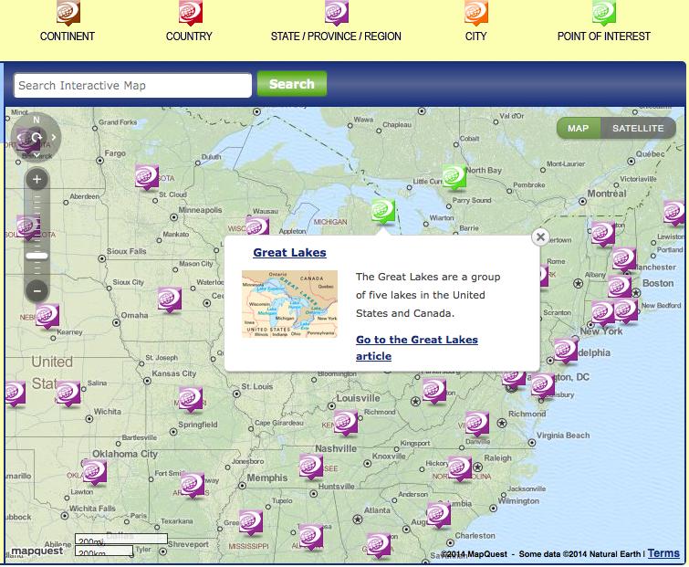 Notice the colored tags at the top of the screen. They can narrow down a search on the map. Students can also look at the map from a satellite view.