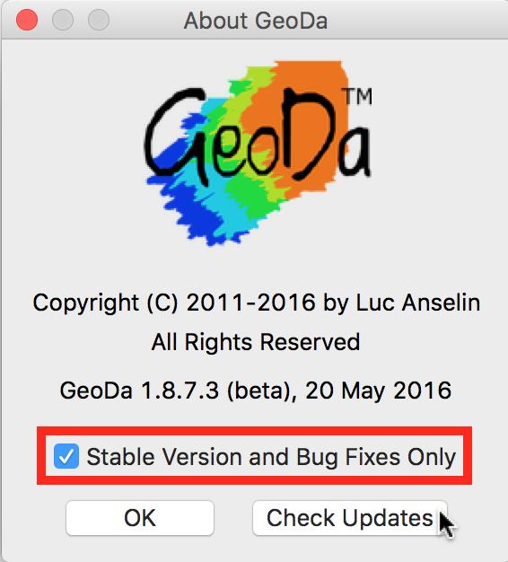 1.2. INSTALLING GEODA 5 (a) Check on updates (b) New GeoDa version available 1.2.2.1 Dependencies Figure 1.4: GeoDa automatic update check feature GeoDa is released under a GPL 3.