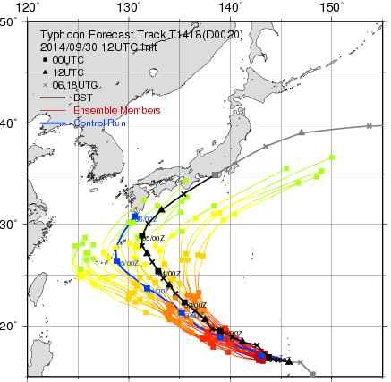 Figure 6.2 Example of TEPS forecast track (Initial time: 12UTC 30 September 2014). Black and blue lines denote TC best track and forecast track of control member respectively.