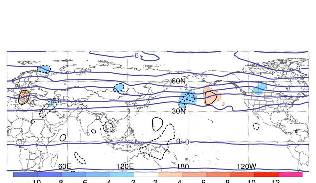 Composite flow evolution associated with TC recurvature N = 292 250-hPa PV (blue, PVU), meridional wind