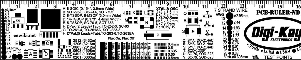PCB-RULER-ND: Metric Side Rev 1 (March 2016) 12 inch (~30.5cm) Our aim was to create a reliable and accurate PCB layout reference tool. We tried to include as many useful features as possible. 1.25 x 12 (31.