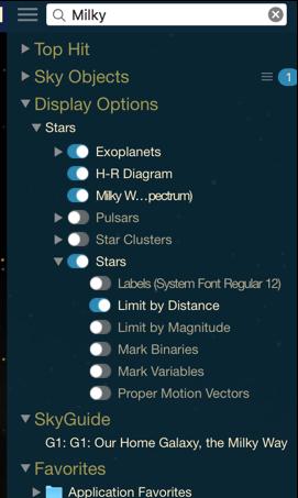Now to Pick Some Target Stars Do a Search (upper right) on Milky Way Centre, and go there. (You may need to hide the horizon ). Zoom in until the field of view is about 100 degrees across.