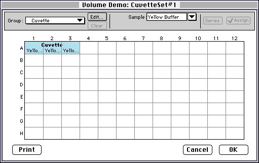 A Cuvette Set was created and in the Cuvette Set Template dialog box, a group called Cuvette was created, comprising 3 samples named Yellow Buffer (Figure 8).