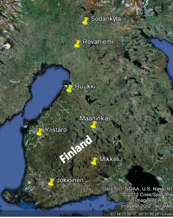 . Study locations and meteorological data Seven meteorological stations from southern to northern parts in Finland were selected for this study (Fig. ).