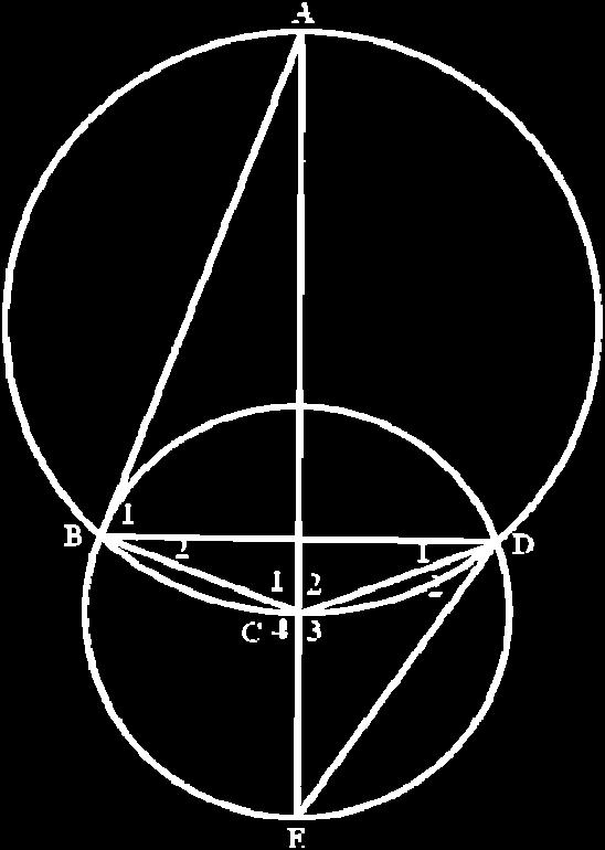 C, the cetre of the smaller circle, lies o the circumferece of the larger circle.