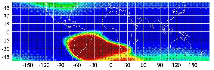 Electron Precipitation The South Atlantic Anomaly weak field all electrons low latitude [~0-30 o S geom. lat., ~0-45 o E geom. lon.