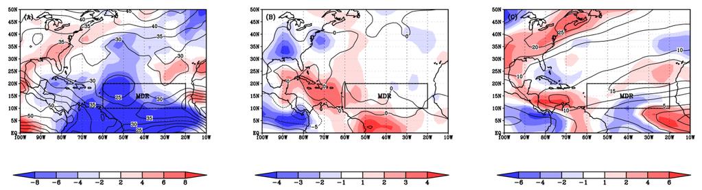 Figure 2. (A) August October 500 hpa relative humidity means (contours) and anomalies (shading) in %.