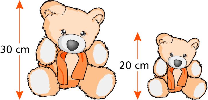 25) A toy maker has two similar soft toys in stock. a) Calculate the reduction factor from the large to the small toy. b) The larger toy requires 6 litres of stuffing.