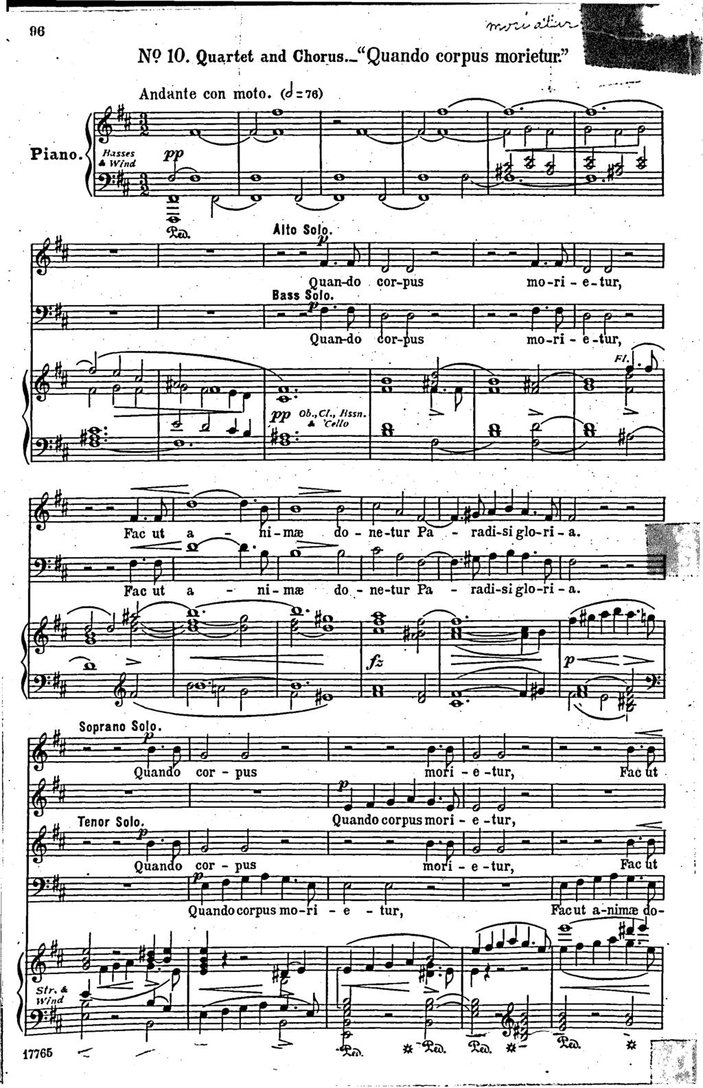 96 //hvzl^y-y N 9 10. Quartet and Chorus. J^Quando corpus morietur A n d a n t e c o n m o t o. (J = 76) Piano. Alto S olo. Q u an-do Bass Solo.