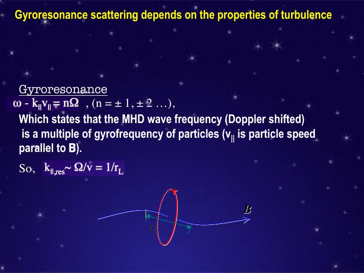 particles diffusing in turbulence (Ptuskin 1988) Transit Time Damping (TTD) ω-k // v // =0 Interaction btw magnetic moment of