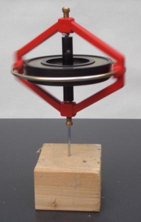 Figure 1: A gyroscope stays standing because it tries to conserve angular momentum along the vertical axis. If it fell over, angular momentum would move to a different axis and not be conserved.