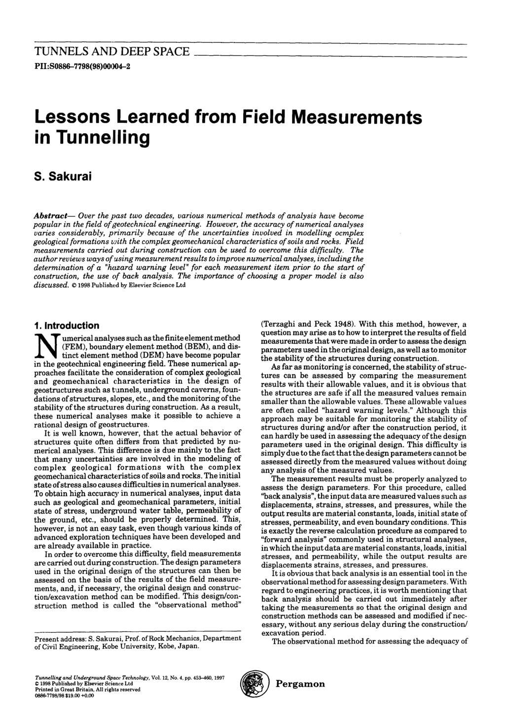 TUNNELS AND DEEP SPACE P: 80886-7798(98) 00004-2 Lessns Learned frm Field Measurements in Tunnelling S.